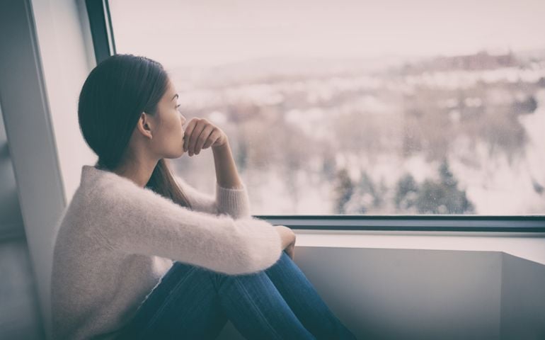 Depression, mental health, psychology therapy - mind wellness well being Asian girl with winter blues seasonal affective disorder feeling sad or heart broken with breakup alone. Loneliness, burnout