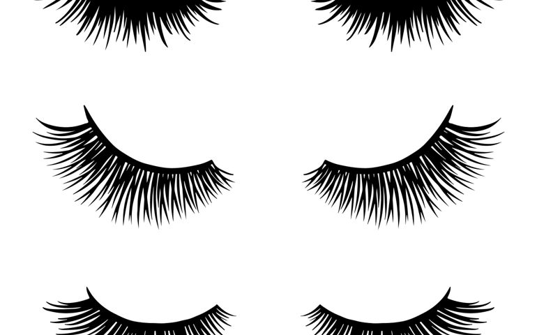 Long black lashes vector set. Different types Beautiful Eyelashes isolated on white background. For beauty salon, lash extensions makers. Closed eyes.