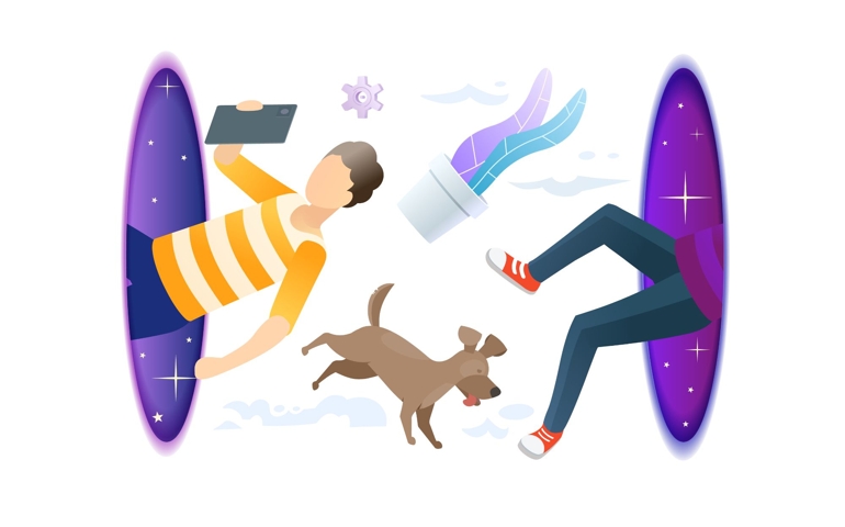 Hipster man with dog flying through the portal. Fantasy teleport