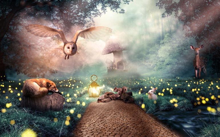A path in a beautiful forest with a fantasy fairy tale feel with wild animals, small mushroom house and mist