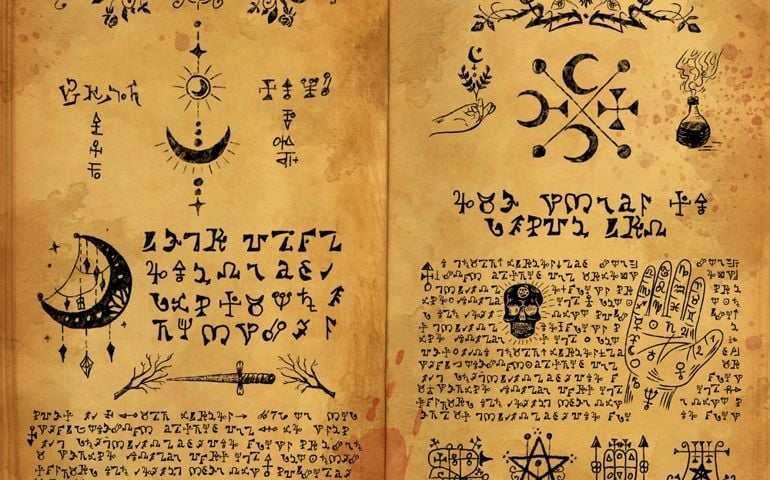 Witchcraft old book with magic spell, wicca and mystic symbols.