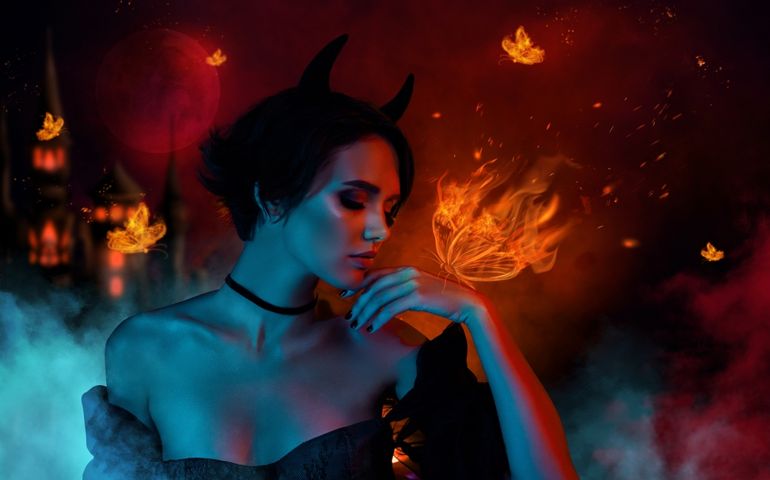 Picture collage of scary cruel lady satan look mystically hand fire drawing butterfly isolated on dark mist color hell background