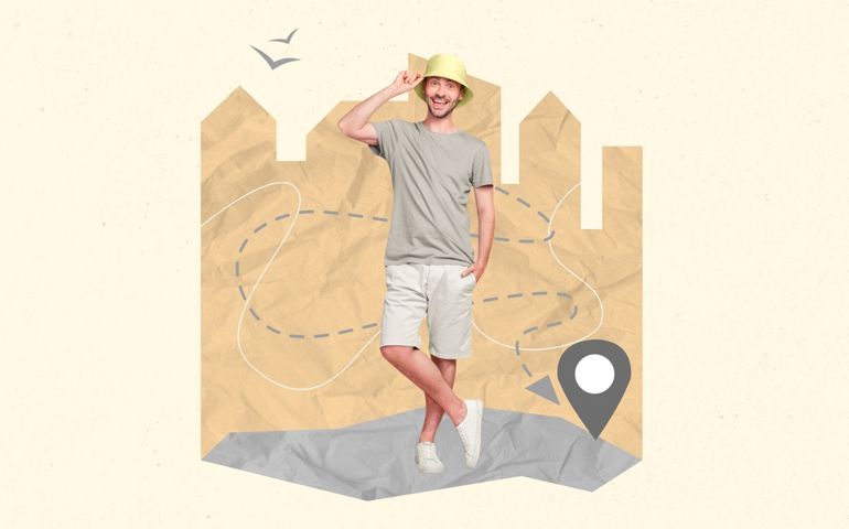 Creative abstract template collage of funny young man visit foreign country city enjoy sightseeing travel guide excursion location mark