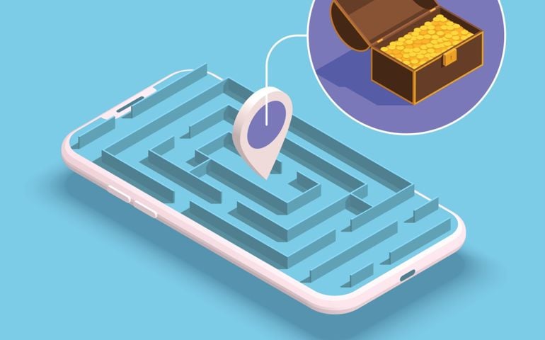 Treasure hunt quest concept with mobile phone and maze map application isometric vector illustration
