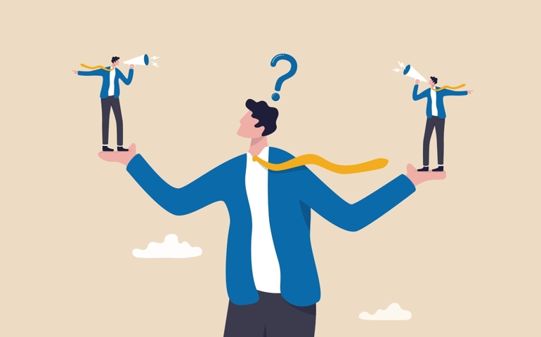 Dilemma or moral conflict, disagreement or argument for business direction, decision problem or question, choosing choice, alternative or solution concept, confused businessman choosing directions.