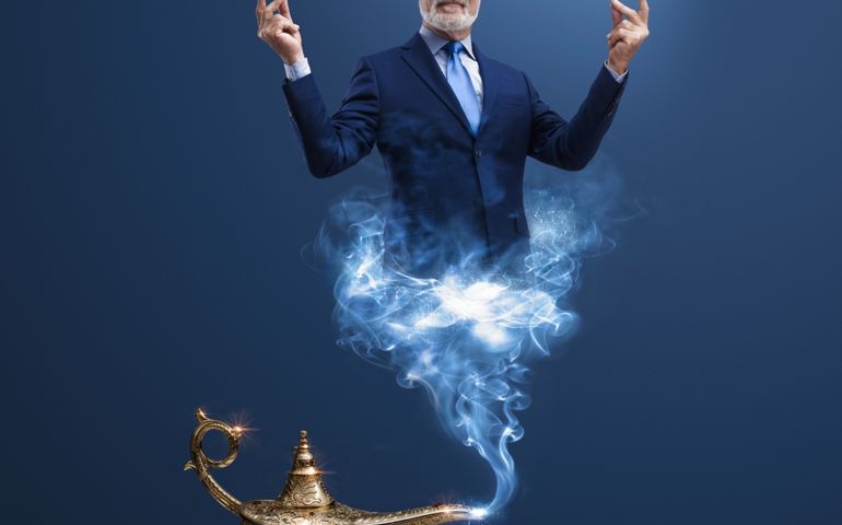 Corporate businessman genie coming out from a magic lamp, he is snapping fingers and fulfilling your wishes