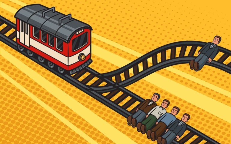 Trolley problem pinup pop art retro vector illustration. Comic book style imitation.