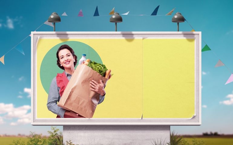 Vintage style grocery shopping advertisement on billboard with happy housewife holding a bag full of groceries