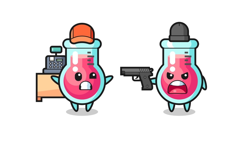 illustration of the cute laboratory beaker as a cashier is pointed a gun by a robber , cute style design for t shirt, sticker, logo element