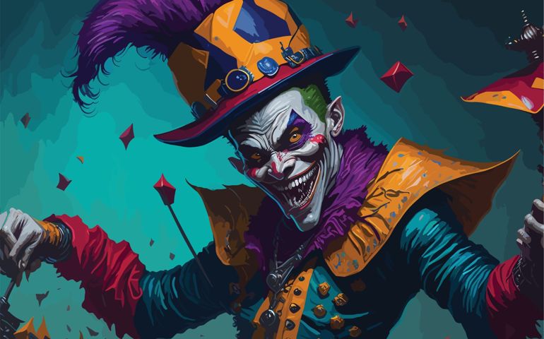 A playful trickster spirit, depicted as a mischievous jester with a wide grin and brightly colored attire.