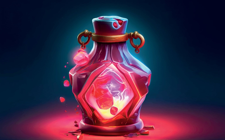 A high quality stylized render image of mystic red flask with magical health regeneration potion for game development