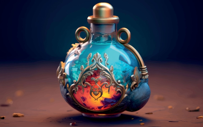 Antique bottle of perfume. Magic potion. Magic elixir. Small vintage bottle. High-quality stylized image of a mystical antique flask with a magical health regeneration potion.