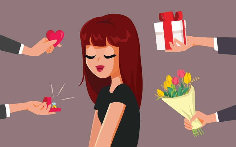 Woman receiving Attention and Gifts from Man Vector Cartoon illustration. Attractive girl choosing from suitors having many adoring fans