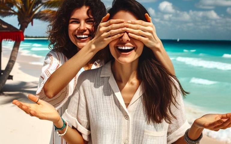 partner covers eyes of other partner as they are on the beach