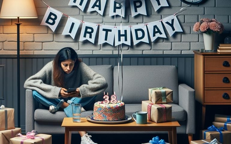 girl sitting alone, no one at her birthday party