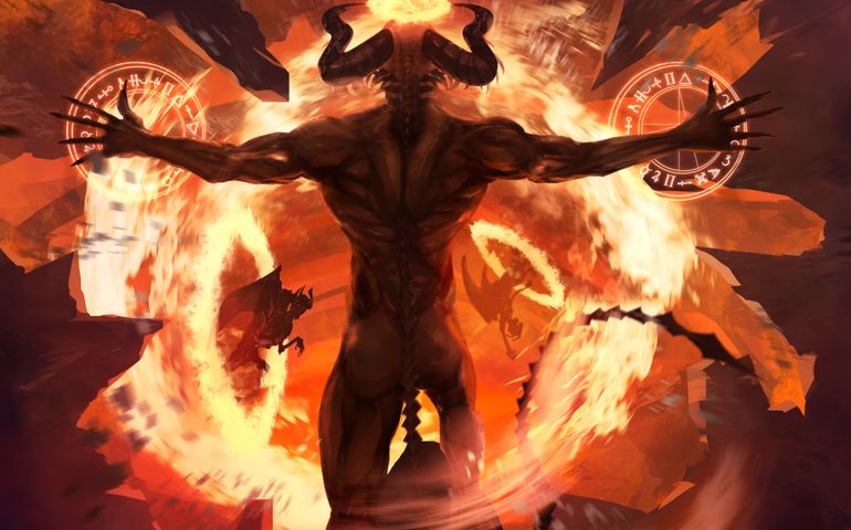Flame demon. Burning diabolic demon summons evil forces and opens hell portal with ancient alchemy signs illustration.