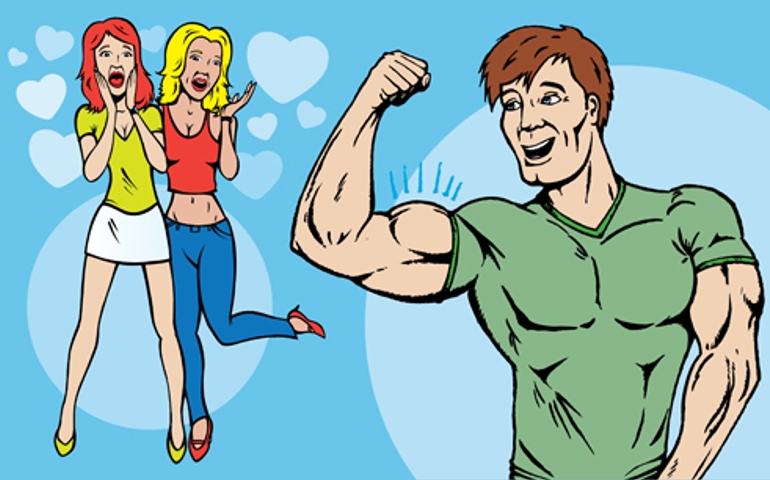 Guy showing off while girls look on admiringly.