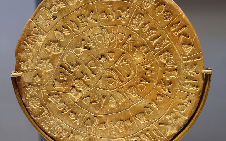 The Phaistos disk (sideB), disk of fired clay from the Minoan palace of Phaistos. The enigmatic inscribed clay disc takes pride of place in the history of Cretan scripts
