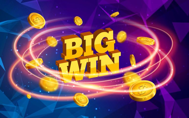 Biw win gold design prize for casino jackpot. Luck game banner for poker or roulette. Winner prize sign coins.