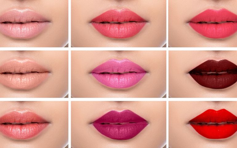 Set or collage female lips with different color of lipsticks on the female lips. shades of lipstick makeup variations