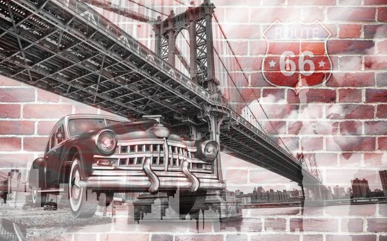 wallpaper design background with brooklyn bridge and classic car and brick wall for mural