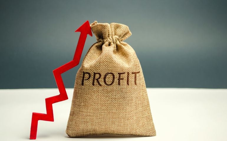 Money bag with the word Profit and an up arrow. Concept of business success, financial growth and wealth. Increase profits and investment fund. Saving money and accumulation.
