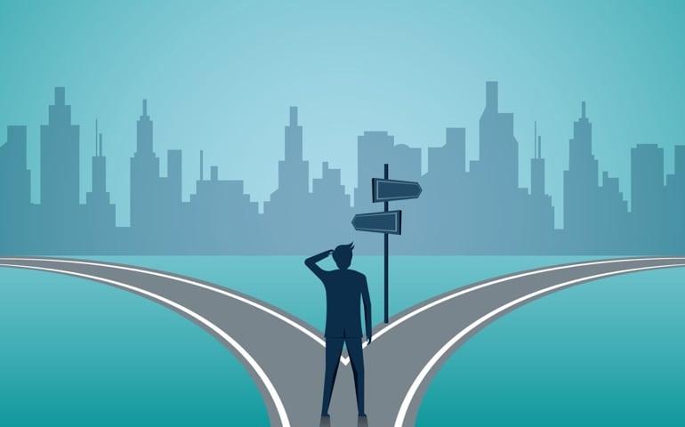 Businessmen standing on the road the crossroad. Concept of important choices of a business. Decide direction. Human standing choice of ways. illustration cartoon vector