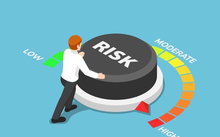 Flat 3d isometric businessman turning risk button to high position. Business risk concept.