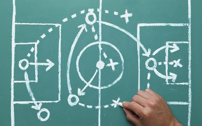 Soccer Play on Chalk Board with Hand Drawing Soccer Field and Plan.