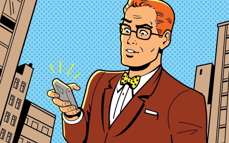 Ironic Illustration of a Retro 1940s or 1950s Man With Glasses, Bow Tie and Modern Smartphone