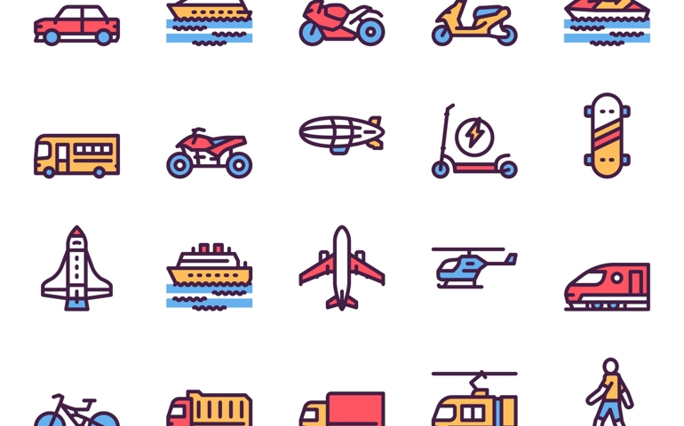 Transport types linear color vector icons set. Car, motorbike, scooter contour symbols. Public transport modes. Bus, airplane, ship. Transportation means. Vehicles outline illustrations collection