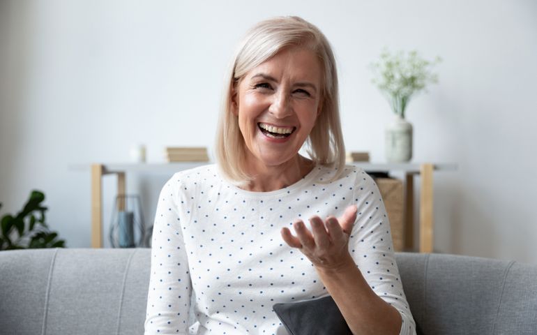 laughing middle aged woman