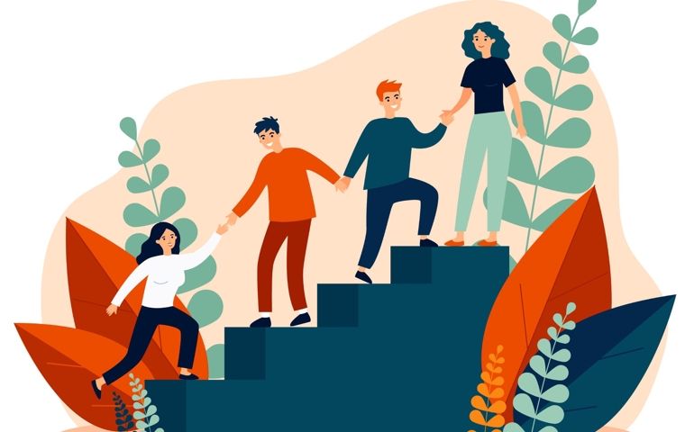 Happy young employees giving support and help each other flat vector illustration. Business team working together for success and growing. Corporate relations and cooperation concept.