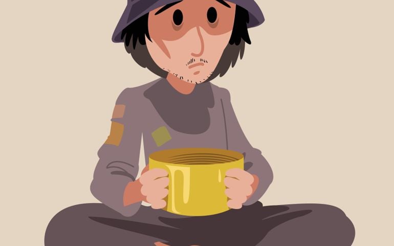 Homeless Poor male. Male Character Begger. Need Money Isolated Icon. Cartoon character. Vector Illustration.