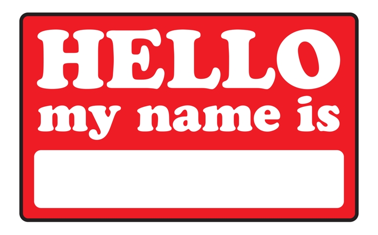 Blank name tags that say HELLO MY NAME IS.