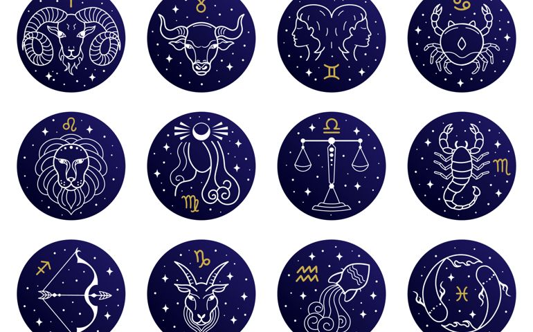 Astrological zodiac signs. Aries, taurus, leo and gemini horoscope, virgo, scorpio, libra, aquarius zodiac, sagittarius, pisces, capricorn, cancer vector symbols. Constellations on blue