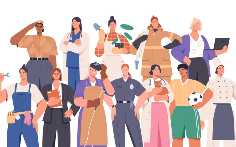Crowd of smart and strong women of different professions: female soldier, firefighter, police officer, businesswoman. Career equality concept. Flat vector illustration isolated on white