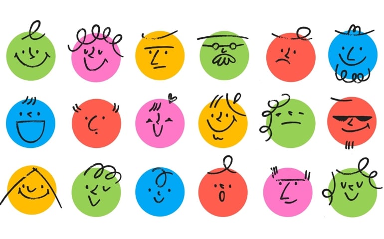Round abstract comic Faces with various Emotions. Crayon drawing style. Different colorful characters.