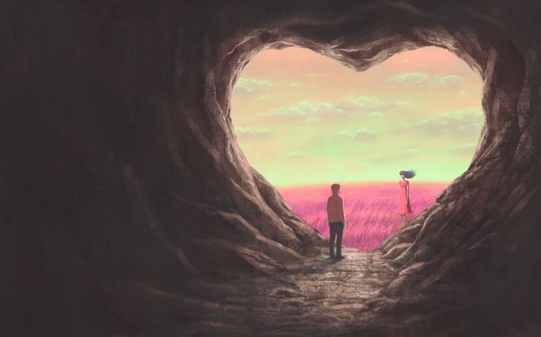 Love concept art man and woman with heart cave, imagination painting