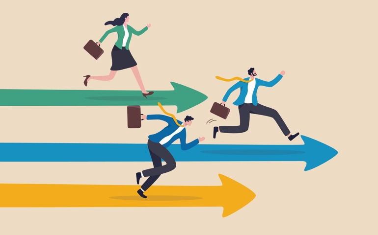 Business competition, contest or rivalry against competitors to increase sales for victory, performance compare to other employees concept, businessman and woman compete running on arrow racetrack.