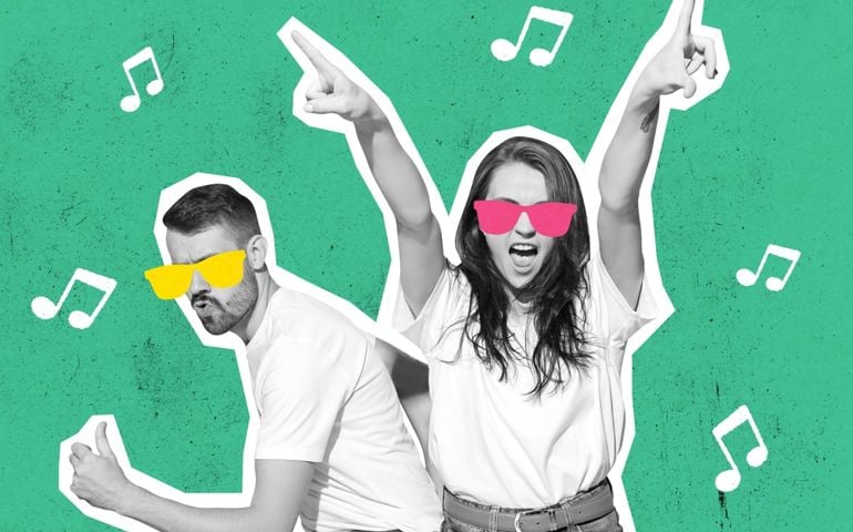 Wow emotions and music. Stylish couple dancing on bright background. Modern design, contemporary art collage. Inspiration, idea, trendy urban magazine style. Negative space to for ad.