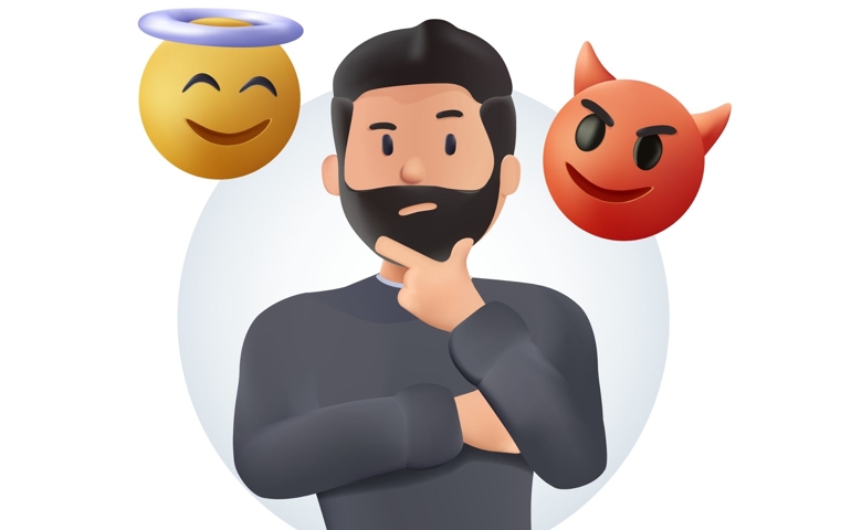 The demon, good and bad, is talking to a worried man. 3D free to edit vector. Do and Don't symbols. Business problem, idea, decision making and solution, job and career path concept, confusing man