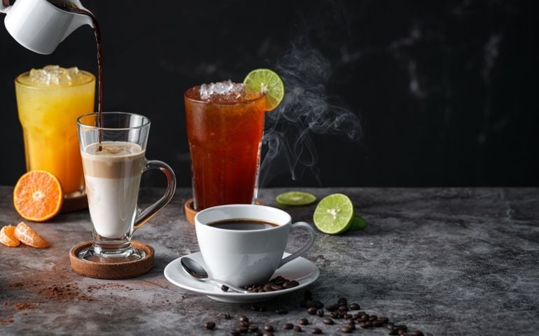 Latte, Americano, Orange juice, Lime tea served on dark background.