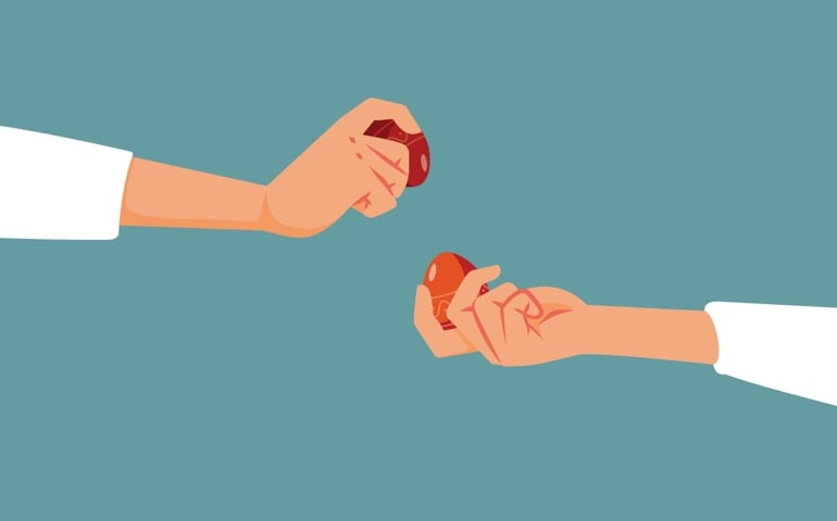Hands Knocking Easter Eggs Vector Cartoon Illustration. Traditional egg fight game celebrating spring religious holidays