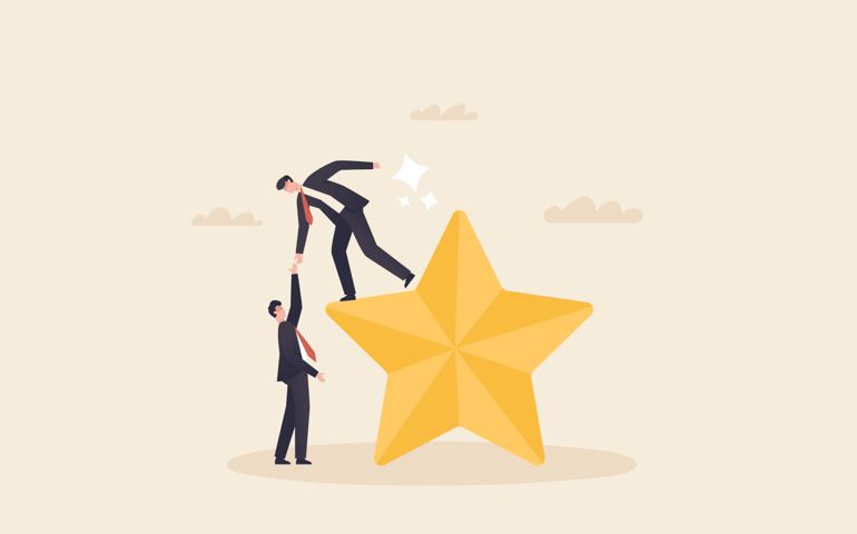 Ideas to help allies reach the top of the stars. mentor or coaching to success in work, trusted partnership or team collaboration concept