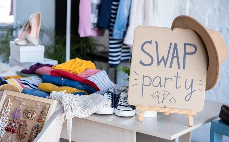 Swap Party invitation poster with stylized lettering and style decoration. Event for exchange of clothes, shoes and accessories. Reduce and reuse concept. Idea of exchange your old wardrobe for new