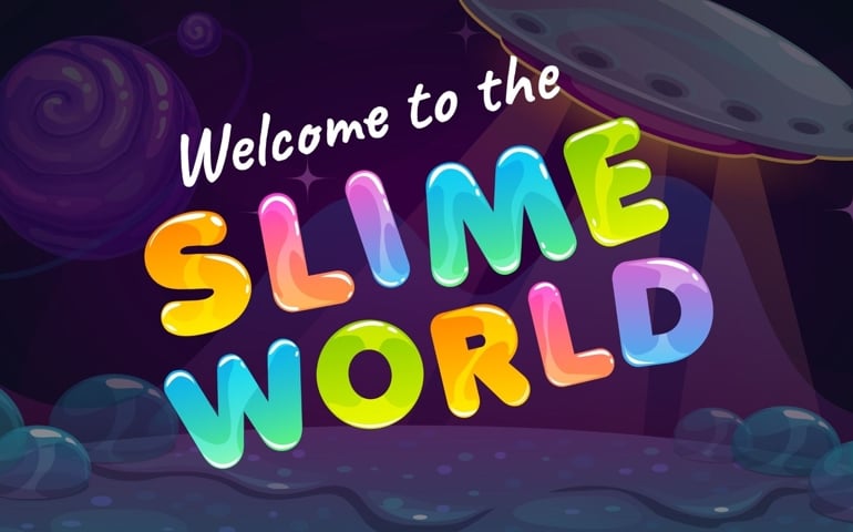 Slime world poster. Cartoon fantasy horizontal banner with slime logo and alien planet background.