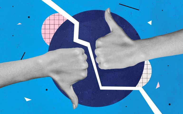 Collage 3d image of pinup pop retro sketch image of arm showing thumb up another thumb down isolated blue painting background
