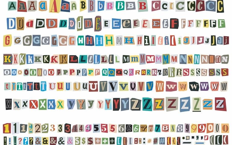 Cut out ransom vector letters alphabet. Blackmail or Ransom Kidnapper Anonymous Note Font. Latin Letters, Numbers and punctuation symbols. Criminal ransom letters. Compose your own