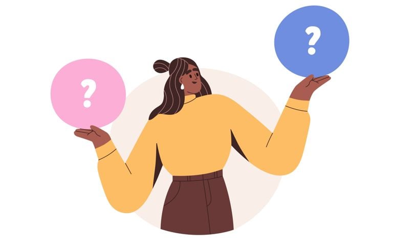 Make choice, decision concept. Puzzled business woman doubting, deciding, setting priorities. Questioned employee thinking, analyzing two options. Flat vector illustration isolated on white background